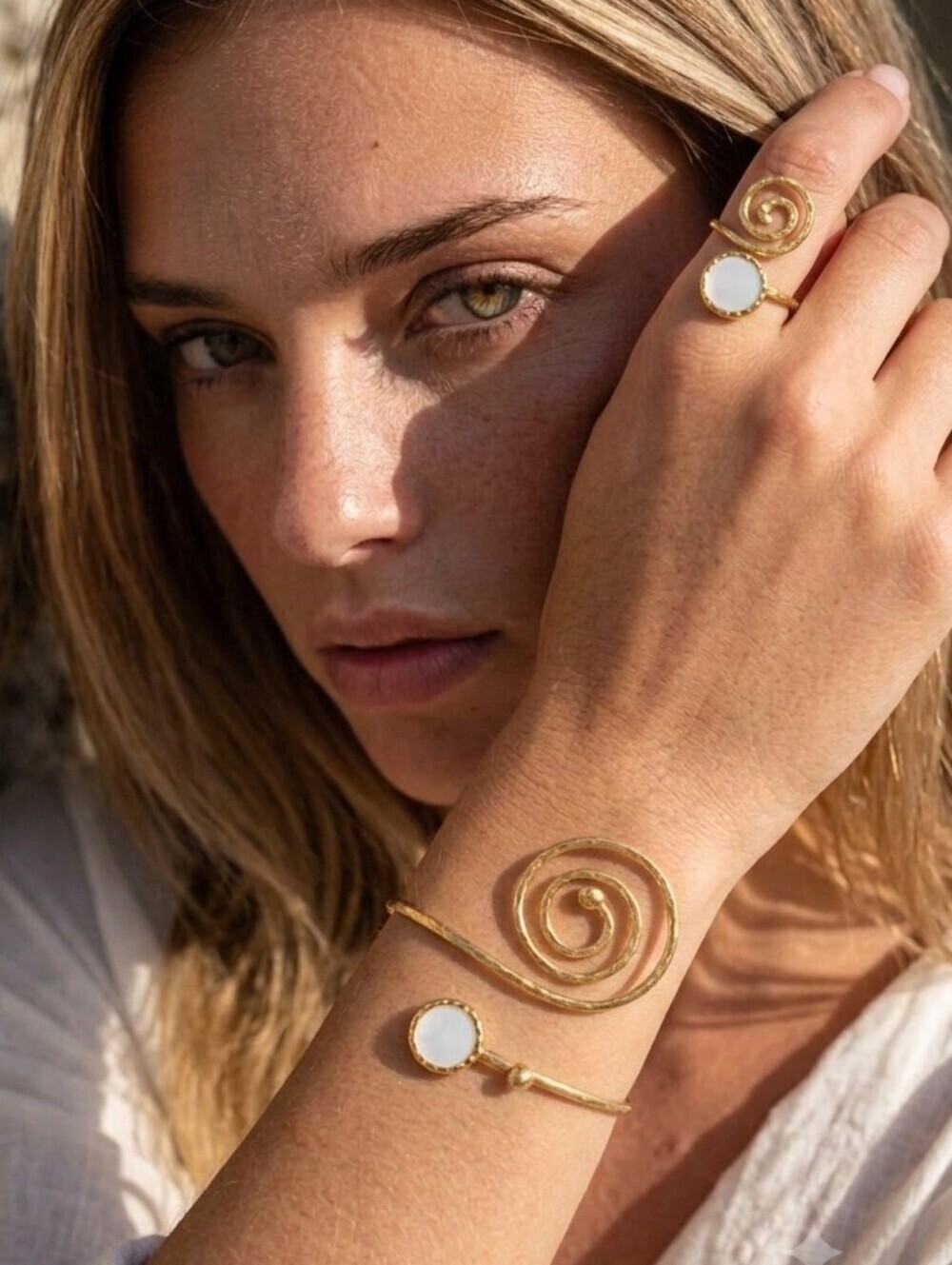 Turkish Artisanal 18K Gold Plated Spiral Set MOP Ring and Bracelet Boho